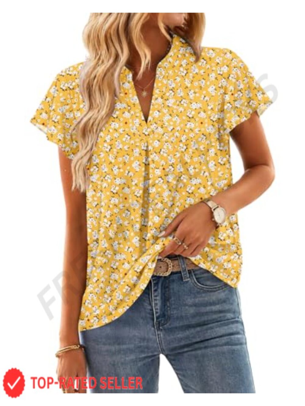 Womens Summer Blouse V-Neck Ruffle Short Sleeve Pleated Casual Top